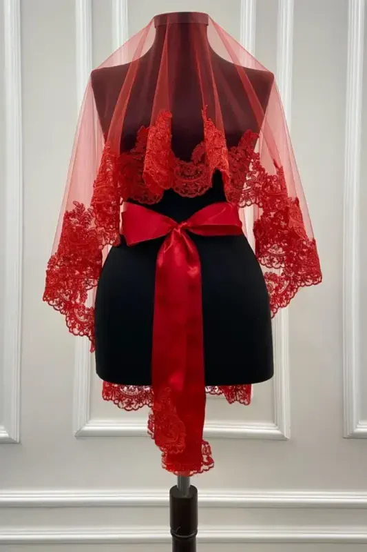 Red Lace Bridal Veil Sash Gloves Complete Set-Red - ZEYMERADE