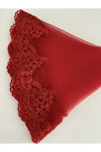 Red Lace Bridal Veil Sash Gloves Complete Set-Red - 4