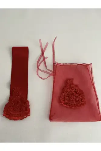 Red Lace Bridal Veil Sash Gloves Complete Set-Red - 5