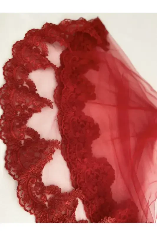 Red Lace Bridal Veil Sash Gloves Complete Set-Red - 7