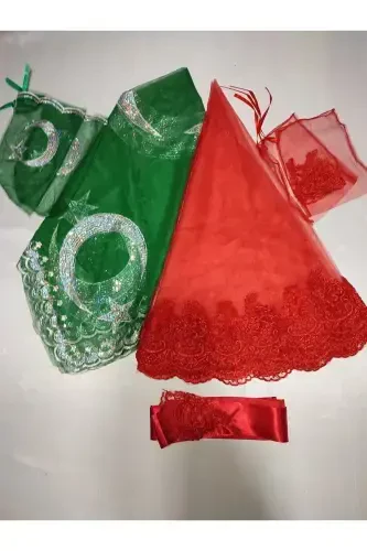 Red Lace Bride and Crescent-Star Groom Henna Veil, Glove and Belt with Henna Special Bridal Set-Emerald - 1