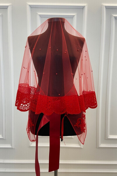 Red Lace Pattern Beaded Flock Print Glitter Bridal Veil Belt Glove Set 