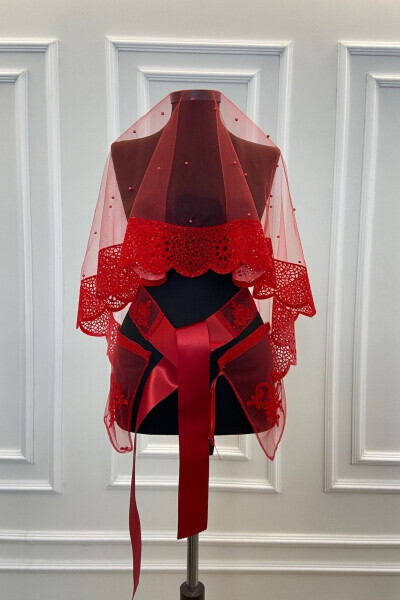 Red Lace Pattern Beaded Flock Print Glitter Bridal Veil Belt Glove Set - ZEYMERADE (1)