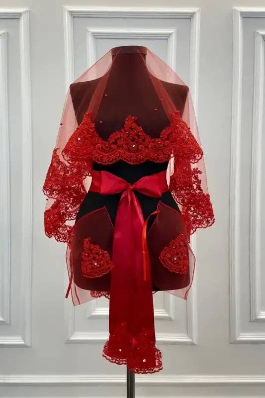 Red Lace Shiny Stone and Pearl Embellished Bridal Veil Set-KIRMIZIZARIFSWAROVSKI - ZEYMERADE