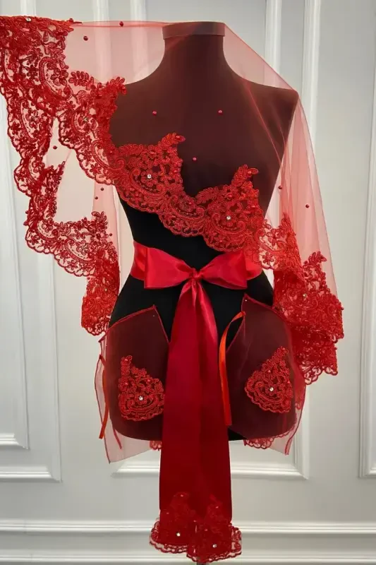 Red Lace Shiny Stone and Pearl Embellished Bridal Veil Set-KIRMIZIZARIFSWAROVSKI - 2