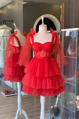 Red Lace Trim Mini Night and Party Dress-red 