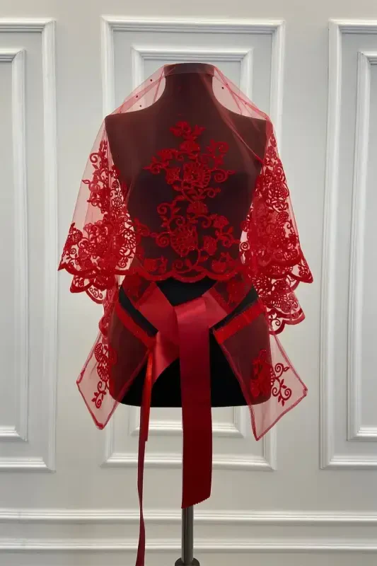 Red Leaf Pattern Flock Print Glitter Bridal Veil Sash Glove Set-FLOKYAPRAKKIRMIZI - ZEYMERADE