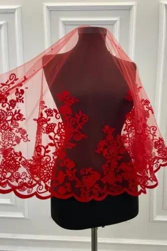 Red Leaf Pattern Flock Print Glitter Bridal Veil Sash Glove Set-FLOKYAPRAKKIRMIZI - ZEYMERADE (1)
