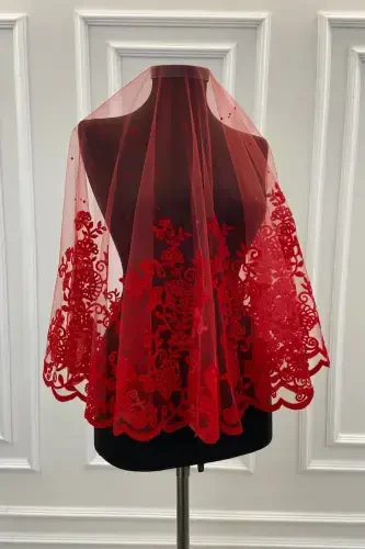 Red Leaf Pattern Flock Print Glitter Bridal Veil Sash Glove Set-FLOKYAPRAKKIRMIZI - 3