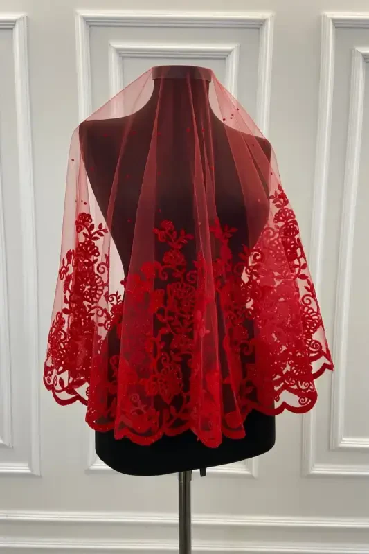 Red Leaf Pattern Flock Print Glitter Bridal Veil Sash Glove Set-FLOKYAPRAKKIRMIZI - 3