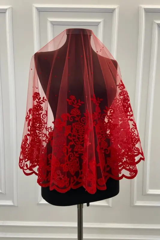 Red Leaf Pattern Flock Print Glitter Bridal Veil Sash Glove Set-FLOKYAPRAKKIRMIZI - 3