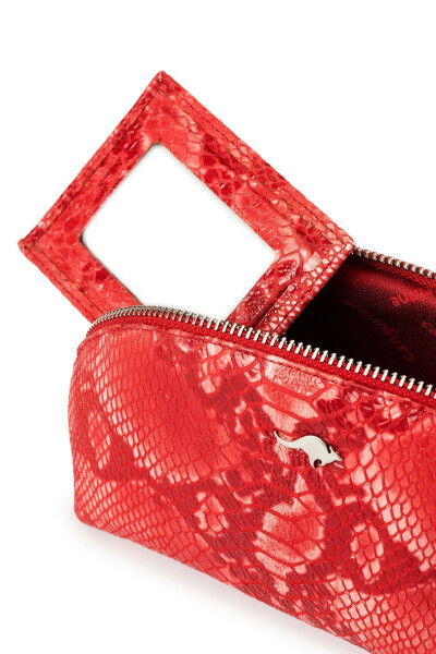 Red leather handbag with python print, zipper and mirror. - 1