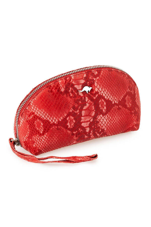 Red leather handbag with python print, zipper and mirror. - 2