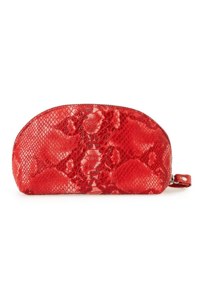 Red leather handbag with python print, zipper and mirror. - 3