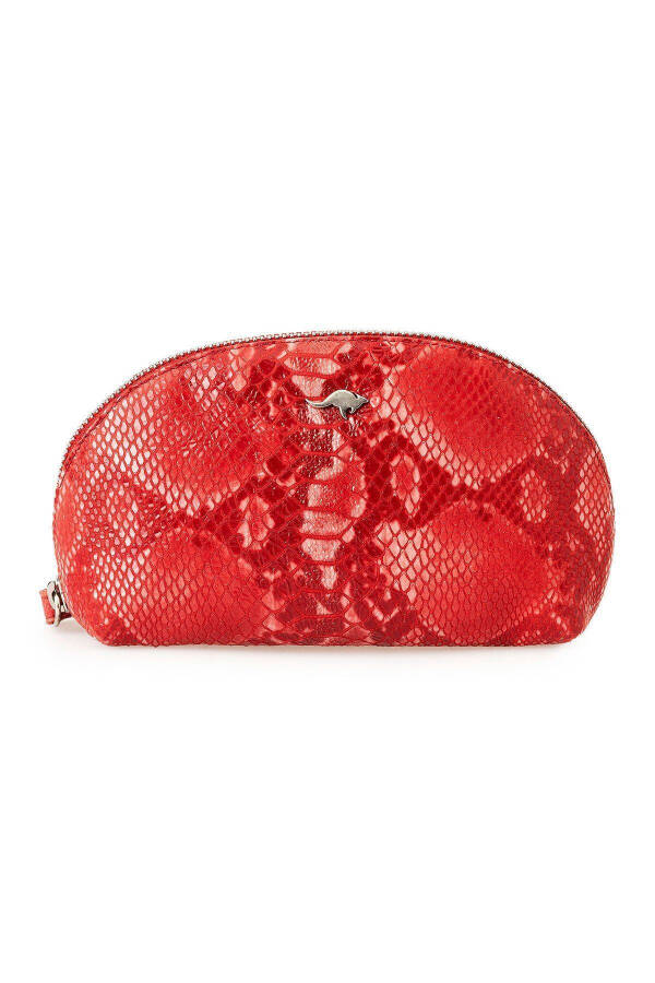 Red leather handbag with python print, zipper and mirror. - 4