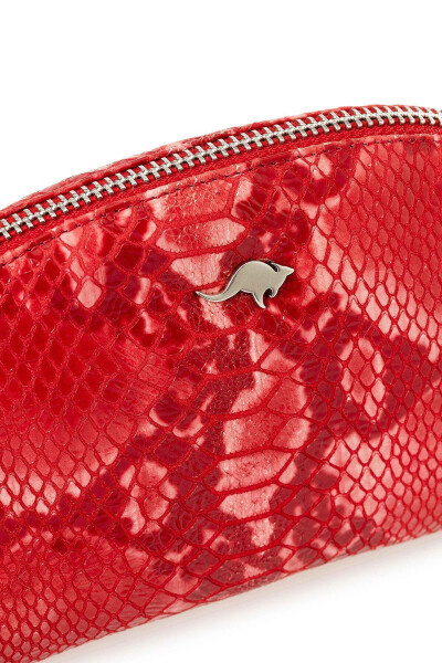 Red leather handbag with python print, zipper and mirror. - 5