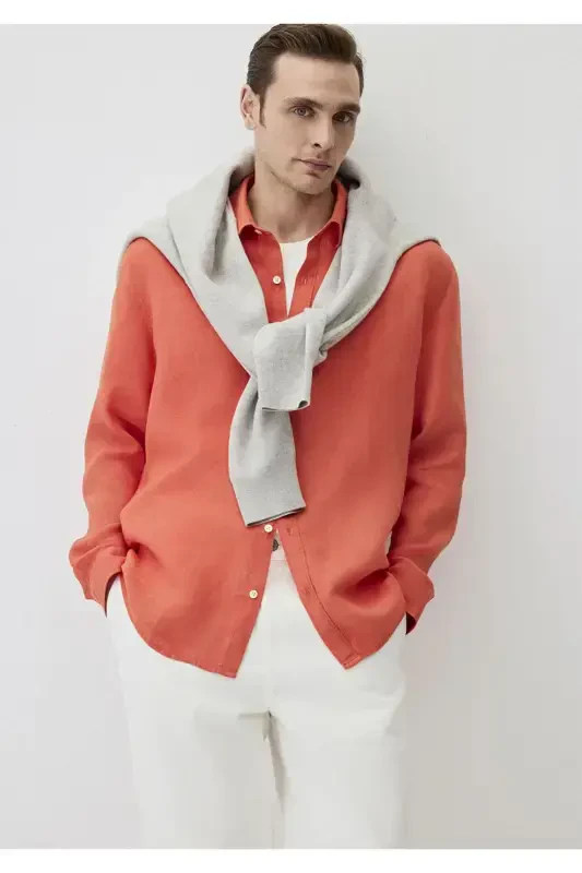 Red Linen Shirt Regular Fit / Normal Cut 02 - 2