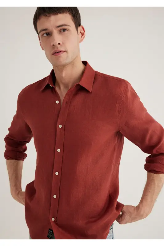 Red Linen Shirt Slim Fit / Slim Fit 0211466- - 2