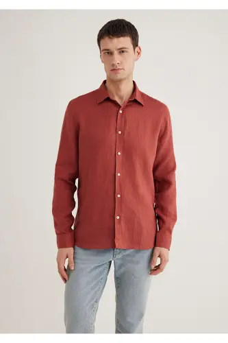 Red Linen Shirt Slim Fit / Slim Fit 0211466- - 3