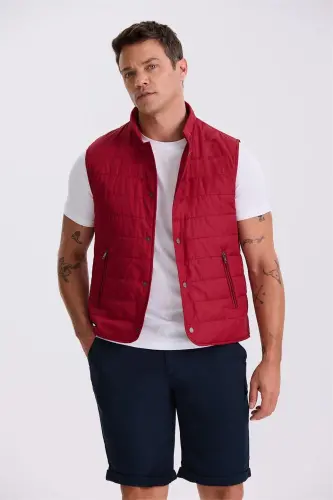 Red Mandarin Collar Fiber Slim Fit Vest - JAKAMEN (1)
