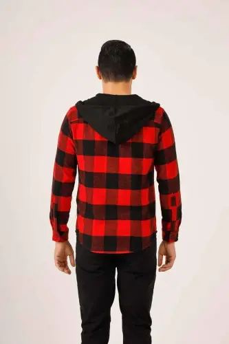 Red Men's Regular Fit Plaid Zippered Hooded Long Sleeve Lumberjack Shirt - 90502 - 5