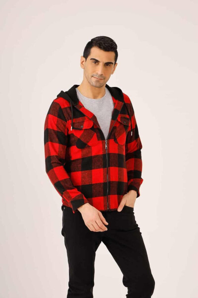 Red Men's Regular Fit Plaid Zippered Hooded Long Sleeve Lumberjack Shirt - 90502 - 3