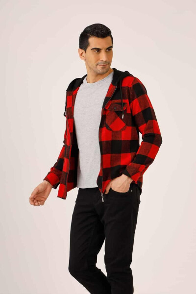 Red Men's Regular Fit Plaid Zippered Hooded Long Sleeve Lumberjack Shirt - 90502 - 4