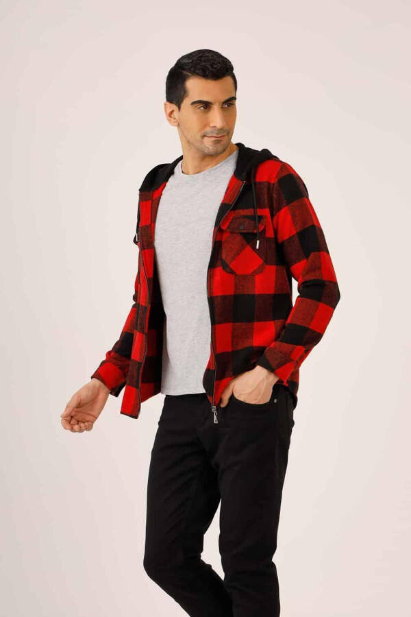 Red Men's Regular Fit Plaid Zippered Hooded Long Sleeve Lumberjack Shirt - 90502 - 4