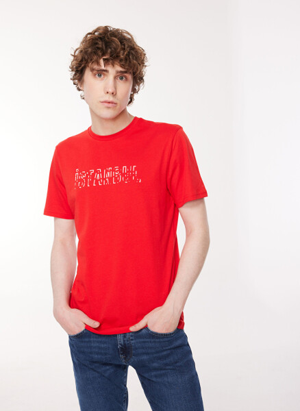 Red men's t-shirt with blue crew neck and print - 1