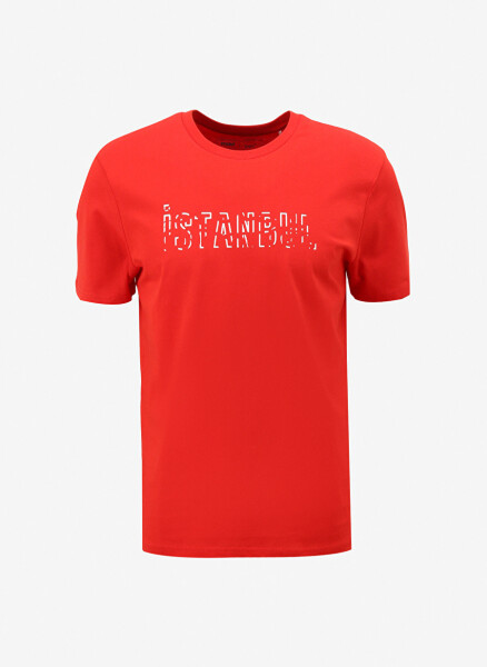 Red men's t-shirt with blue crew neck and print - 6