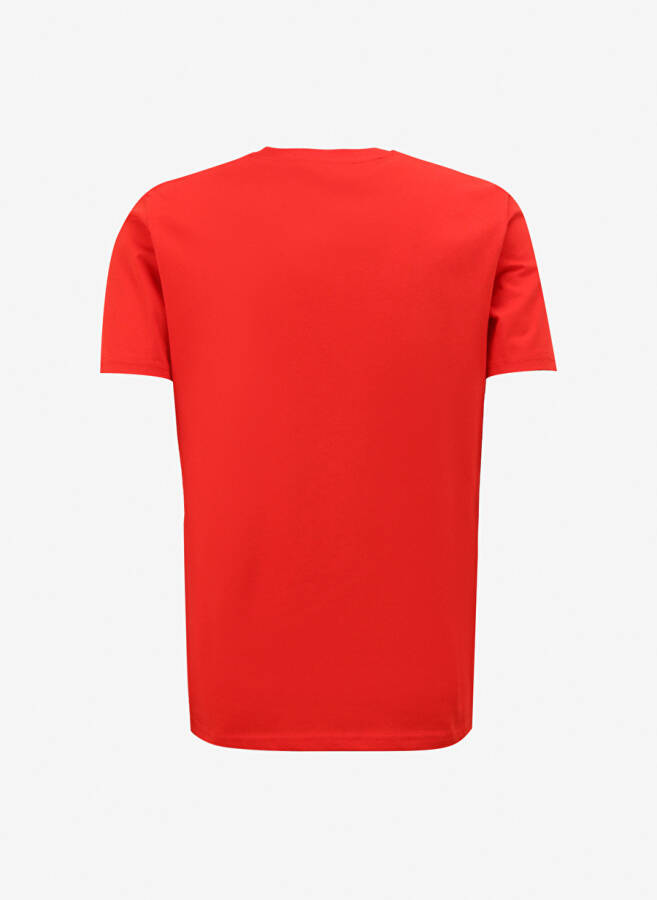 Red men's t-shirt with blue crew neck and print - 7