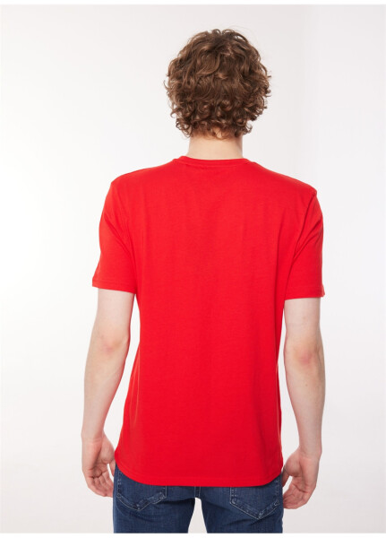 Red men's t-shirt with blue crew neck and print - 12