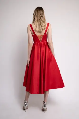 Red Midi Satin Evening and Prom Dress-Red - LENTA MODA (1)