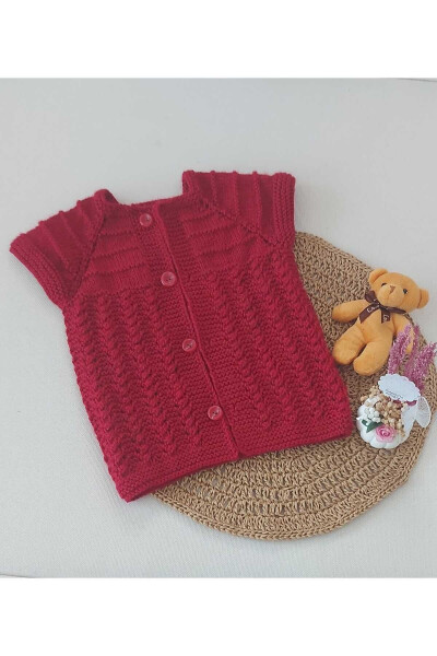 Red newborn baby hand knitted cotton vest, buttoned birth moment, 0-12 months - BEGİN (1)