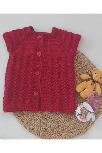 Red newborn baby hand knitted cotton vest, buttoned birth moment, 0-12 months 