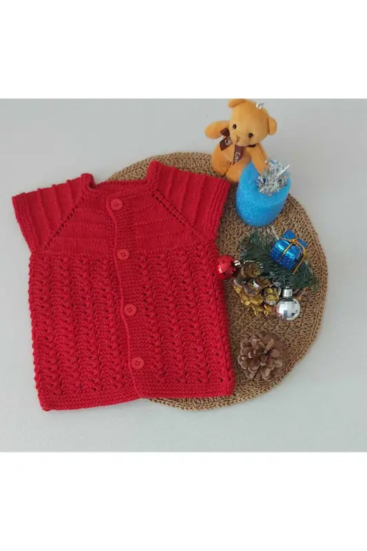 Red Newborn Gift Baby Hand Knit Cotton Vest Buttoned Birth Moment 0-12 Months-cotton red - BEGİN
