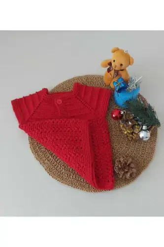 Red Newborn Gift Baby Hand Knit Cotton Vest Buttoned Birth Moment 0-12 Months-cotton red - BEGİN (1)