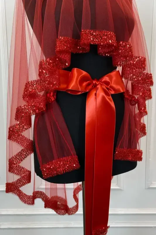 Red Orchid Bridal Veil Set, Sequined Beaded Rhinestone Henna Veil Set 6 Pieces, -Red - 2