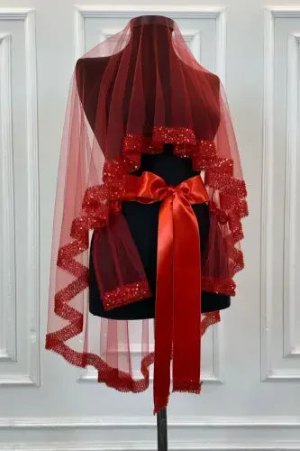 Red Orchid Bridal Veil Set, Sequined Beaded Rhinestone Henna Veil Set 6 Pieces, -Red - 3