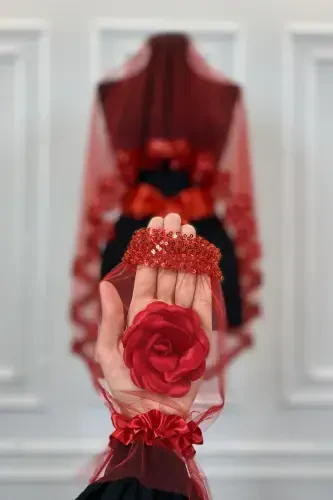 Red Orchid Bridal Veil Set, Sequined Beaded Rhinestone Henna Veil Set 6 Pieces, -Red - 4