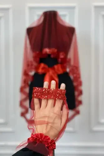 Red Orchid Bridal Veil Set, Sequined Beaded Rhinestone Henna Veil Set 6 Pieces, -Red - 5