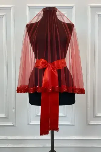 Red Orchid Bridal Veil Set, Sequined Beaded Rhinestone Henna Veil Set 6 Pieces, -Red - 6