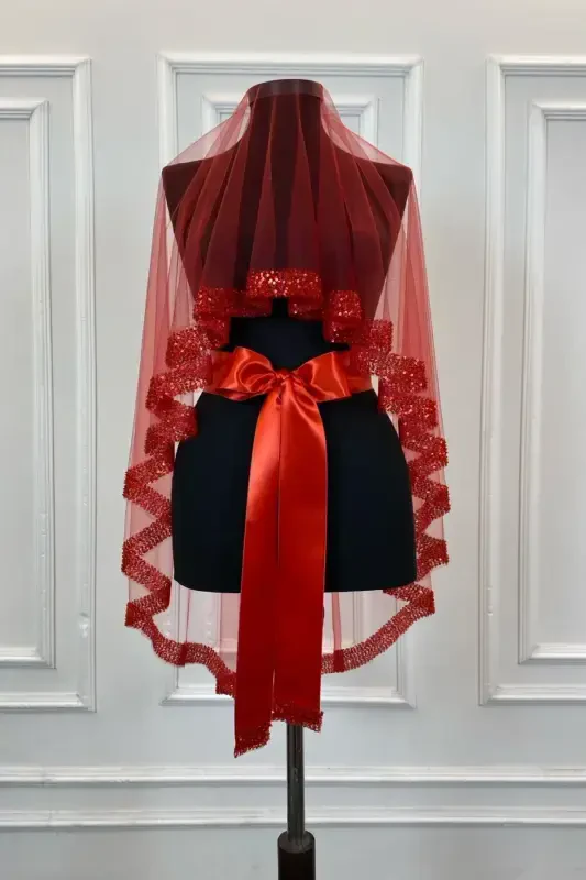 Red Orchid Bridal Veil Set, Sequined Beaded Rhinestone Henna Veil Set 6 Pieces, -Red - 7