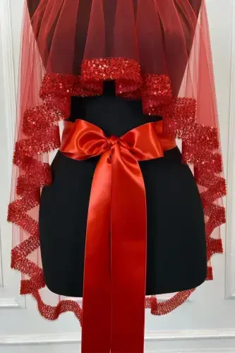 Red Orchid Bridal Veil Set, Sequined Beaded Rhinestone Henna Veil Set 6 Pieces, -Red - 8