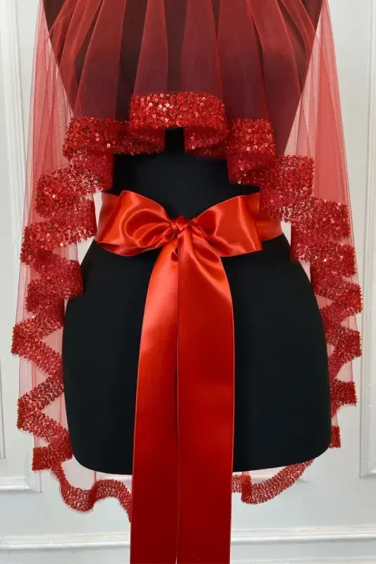 Red Orchid Bridal Veil Set, Sequined Beaded Rhinestone Henna Veil Set 6 Pieces, -Red - 8