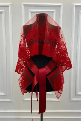 Red Oya and Floral Patterned Flock Print Glittery Bridal Veil Sash Glove Set-FLOKOYALIÇİÇEKLİKIRMIZI - 1