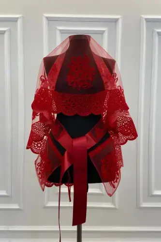 Red Oya and Floral Patterned Flock Print Glittery Bridal Veil Sash Glove Set-FLOKOYALIÇİÇEKLİKIRMIZI - 2