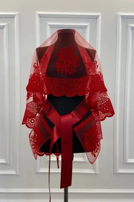 Red Oya and Floral Patterned Flock Print Glittery Bridal Veil Sash Glove Set-FLOKOYALIÇİÇEKLİKIRMIZI - 2