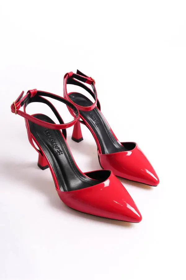Red Patent Leather Women's High Heel Shoes Pointed Toe Buckle - 4