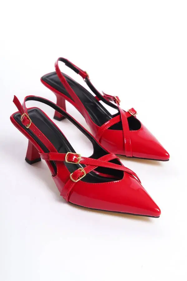 Red Patent Pointed Toe Buckle Detail Women's High Heel Shoes - 2